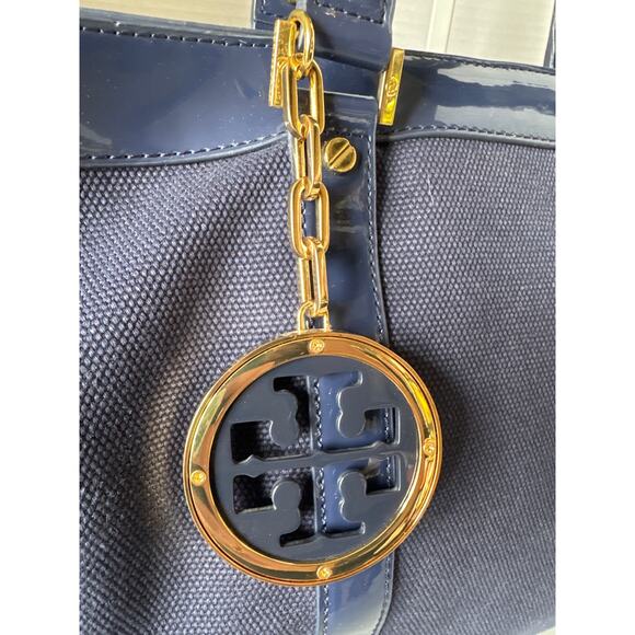 Tory Burch Canvas Jane Tote navy patient leather Shoulder Bag - Picture 2 of 14